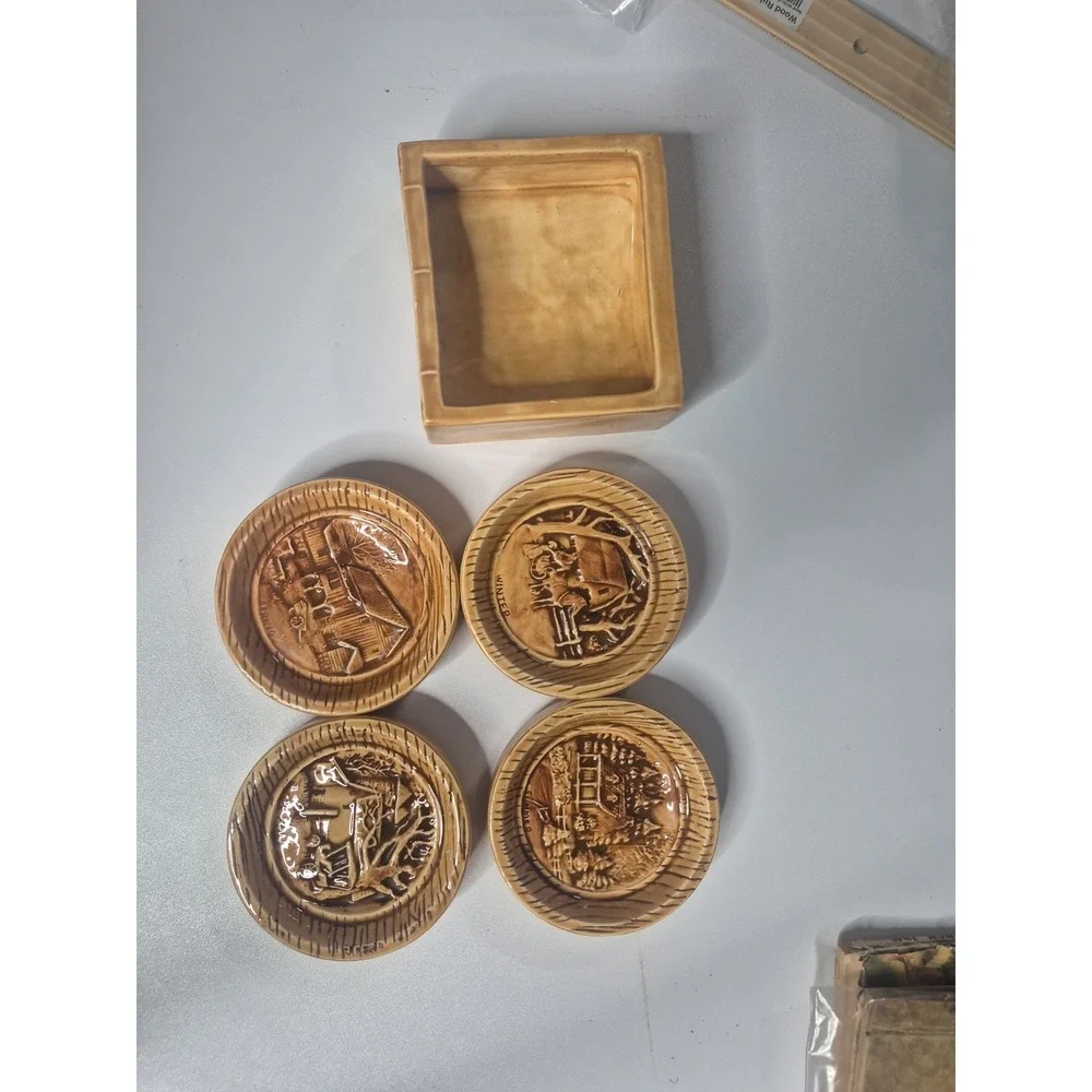 Duncan Enterprises 1982 Vintage Ceramic 4-Seasons Coasters & Holder Cottagecore